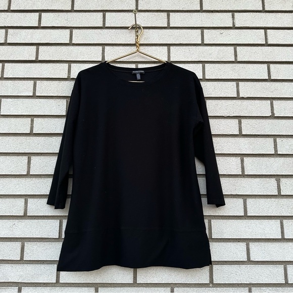 Eileen Fisher Black Lightweight Washable Stretch Crepe Top Boxy Fit Long Length - Picture 2 of 10